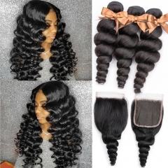 FashionPlus Virgin Brazilian Loose  Wave Hair 3 Bundles With 4*4 Lace Closure, Unprocessed Brazilian Hair Extension