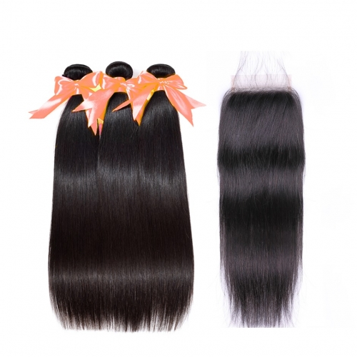 FashionPlus Peruvian Virgin Straight Hair 3 Bundles With 4*4 Lace Closure, Unprocessed Peruvian Hair Extension