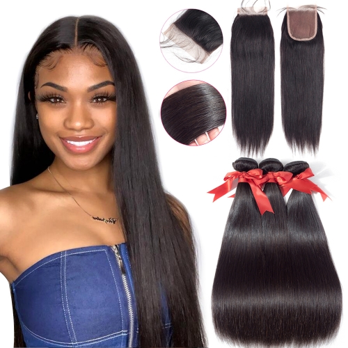 FashionPlus 9A Virgin Indian Straight Hair 3 Bundles With 4*4 Lace Closure, Unprocessed Indian Hair Extension