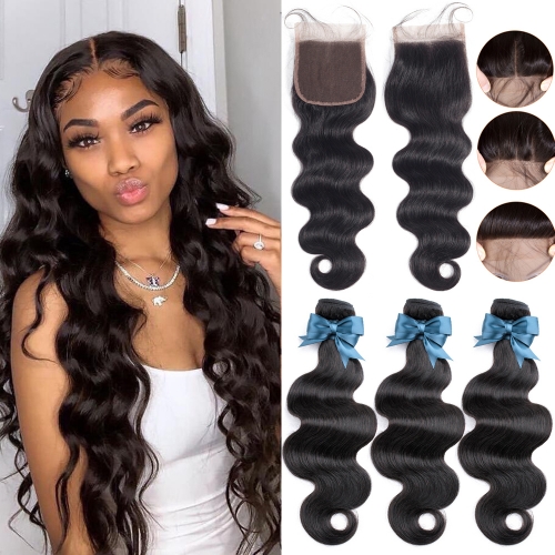 FashionPlus Peruvian Virgin Body Wave Hair 3 Bundles With 4*4 Lace Closure, Unprocessed Human Hair Extension