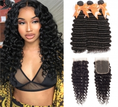 FashionPlus Peruvian Virgin Deep Wave Hair 3 Bundles With 4*4 Lace Closure, Unprocessed Peruvian Hair Extension