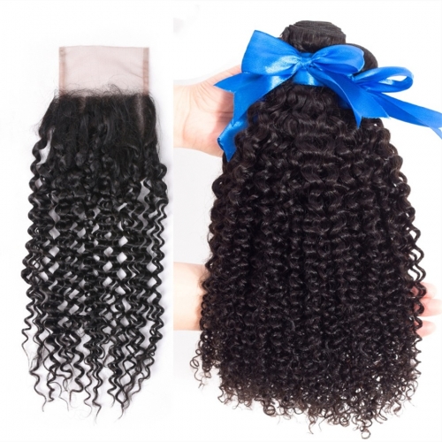 FashionPlus Kinky Curly Wave Remy Malaysian Hair 3 Bundle Hair Deals with Closure 9A Good Quality