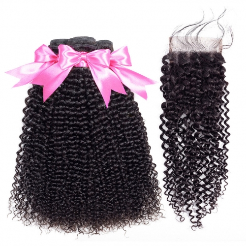 FashionPlus  9A Cheap Kinky Curly Wave Indian Hair 3 Bundle Hair Deals with Closure