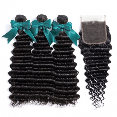 FashionPlus Brazilian Virgin Deep Wave Hair 3 Bundles With 4*4 Lace Closure, Unprocessed Brazilian Hair Extension