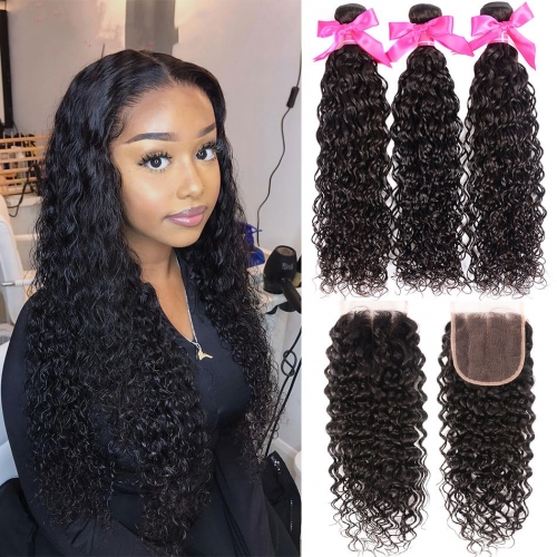 FashionPlus 3 Bundles Peruvian Water Wave Virgin Hair Bundles with lace Closure Human Hair Extension