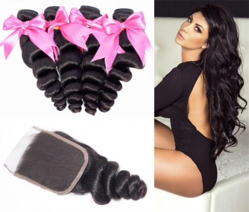 FashionPlus 4 Bundles Virgin Brazilian Loose Wave Hair Weave Bundles with 4*4 Lace Closure, 9a Grade, 100% Unprocessed Human Hair