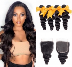 FashionPlus Good Quality Loose Wave Virgin Hair Weave 4 Bundles With Lace Closure 100% Soft Unprocessed Virgin Peruvian Hair