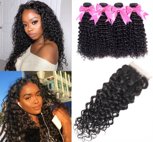 FashionPlus Jerry Curly Wave Virgin Hair Weave 4 Bundles With Lace Closure Soft Unprocessed Virgin Peruvian Hair