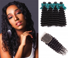 FashionPlus Good Quality Deep Wave Virgin Hair Weave 4 Bundles With Lace Closure 100% Soft Unprocessed Virgin Brazilian Hair