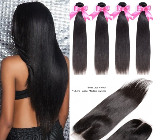 FashionPlus 4 Bundles Virgin Malaysian Straight Hair Deales With Closure High Quality High Quality 9A Grade