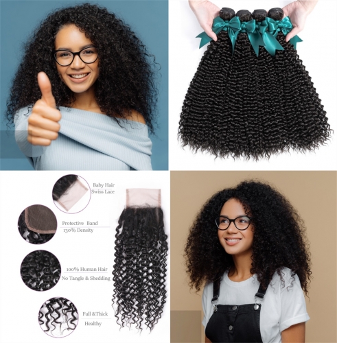 FashionPlus Good Quality Kinky Curly Virgin Hair Weave 4 Bundles With Lace Closure 100% Soft Unprocessed Virgin Peruvian Hair