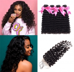 FashionPlus Good Quality Deep Wave Virgin Hair Weave 4 Bundles With Lace Closure 100% Soft Unprocessed Virgin Indian Hair