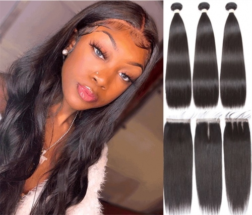FashionPlus Good Quality Straight Virgin Hair Weave 3 Bundles With Lace Closure 100% Soft Unprocessed Virgin Brazilian Hair