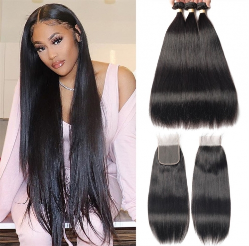 FashionPlus Good Quality Straight Virgin Hair Weave 3 Bundles With Lace Closure 100% Soft Unprocessed Virgin Peruvian Hair