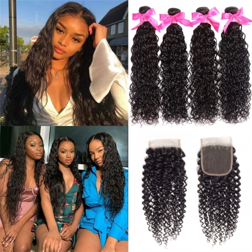 FashionPlus Good Quality Water Wave Virgin Hair Weave 4 Bundles With Lace Closure 100% Soft Unprocessed Virgin Peruvian Hair