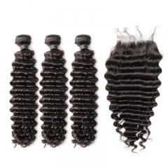 FashionPlus 12A  Unprocessed Brazilian Deep Wave Virgin Hair 3Bundles with 4x4 Lace Closure