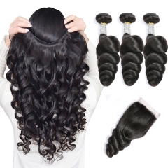 FashionPlus Loose Wave Malaysian Virgin Human Hair 3 Bundles With Lace Closure