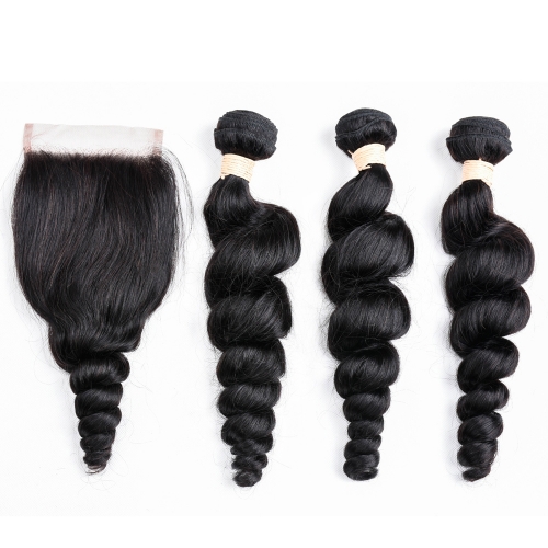 FashionPlus 3 Bundles Loose Wave  Virgin Malaysian Human Hair Weaves With Closure Free Part Natural Color