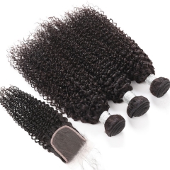 FashionPlus 12A  Kinky Curly Virgin Brazilain Hair 3Bundles with Lace Closure Free Part, Middle Part, Three Part