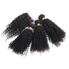 FashionPlus  3 Bundles 12A Kinky Curly Peruvian Human Hair Weaves With Closure Free Part Natural Color