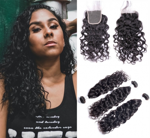 FashionPlus  3 Bundles Natural Wave Brazilian Human Hair Weaves With Closure Free Part Natural Color