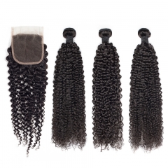 FashionPlus 12A Peruvian Virgin Human Hair Kinky Curly 3 Bundles With 4*4 Lace Closure