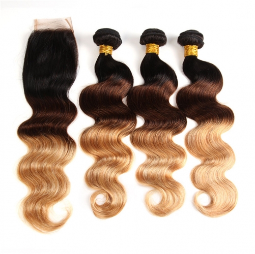 FashionPlus Good Cheap 9A 1B/4/27 Hair Color Brazilian Body Wave 3 Bundles With Closure 4×4 Hd Swiss Lace