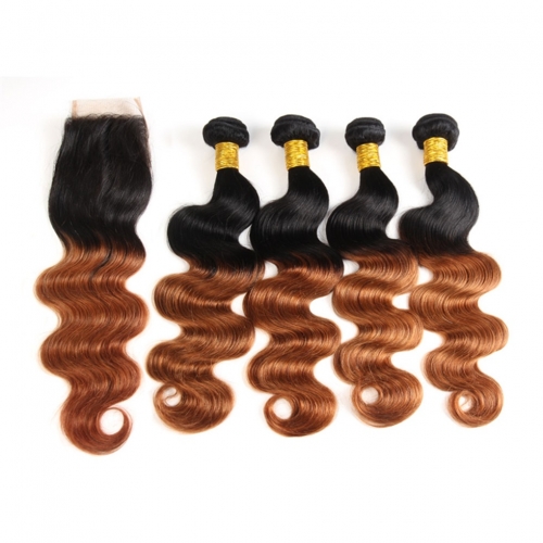 FashionPlus Affordable Hair Trends Best Cheap Remy Brazilian Hair 4 Bundles With Closure Body Wave T1B/99J Ombre Hair