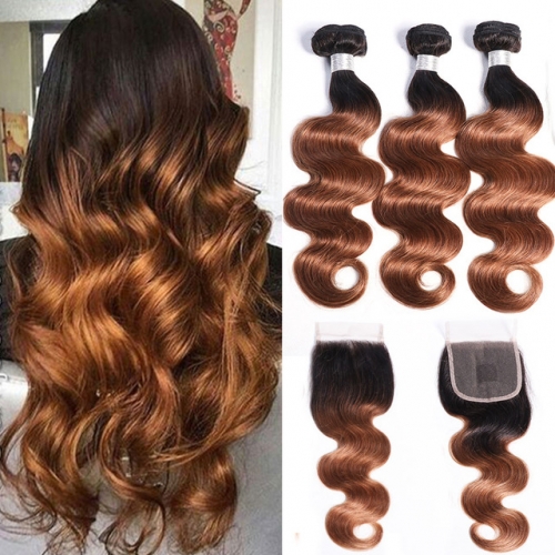 FashionPlus 9A Good Quality Remy Peruvian Hair 3 Bundles With Closure Body Wave T 1B/30 Ombre Hair For 2020 Hair Trends