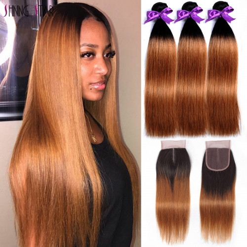 FashionPlus Affordable Hair Trends Best Cheap Remy Brazilian Hair 4 Bundles With Closure  T1B/30 Ombre Straight Hair