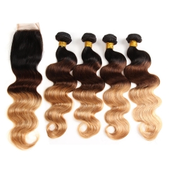 FashionPlus Affordable Hair Trends Best Cheap Remy Brazilian Hair 4 Bundles With Closure Body Wave T1B/99J Ombre Hair