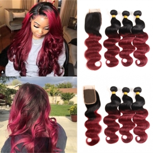 FashionPlus 9A Good Quality Remy Peruvian Hair 3 Bundles With Closure Body Wave T1B/99J Ombre Hair For 2020 Hair Trends