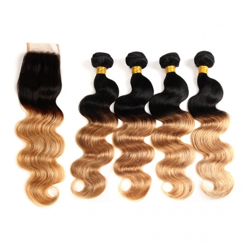 FashionPlus Affordable Hair Trends Best Cheap Remy Brazilian Hair 4 Bundles With Closure Body Wave T1B/99J Ombre Hair