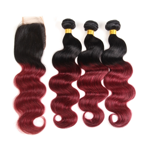 FashionPlus Good Cheap 9A 1b/99j Hair Color Brazilian Body Wave 3 Bundles With Closure 4×4 Hd Swiss Lace