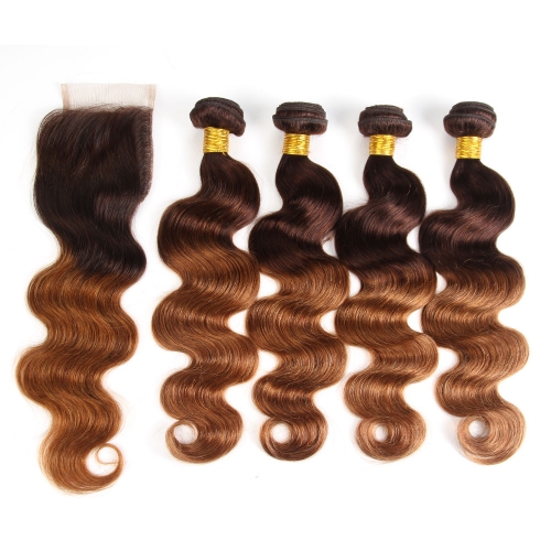 FashionPlus Affordable Hair Trends Best Cheap Remy Brazilian Hair 4 Bundles With Closure Body Wave T 4/30 Ombre Hair