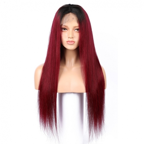FashionPlus Bleached Knots 1B/99J  Colored Lace Closure Wigs Straight Pre Plucked Lace Wigs With Baby Hair