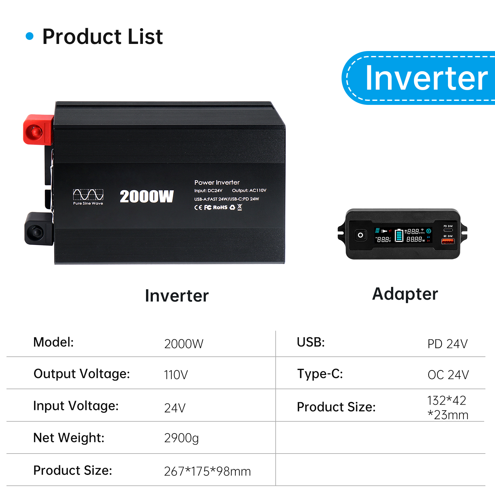 UPPbattery Inverter 2000w,24v DC to 110v Power Inverters for 2000 watt ...