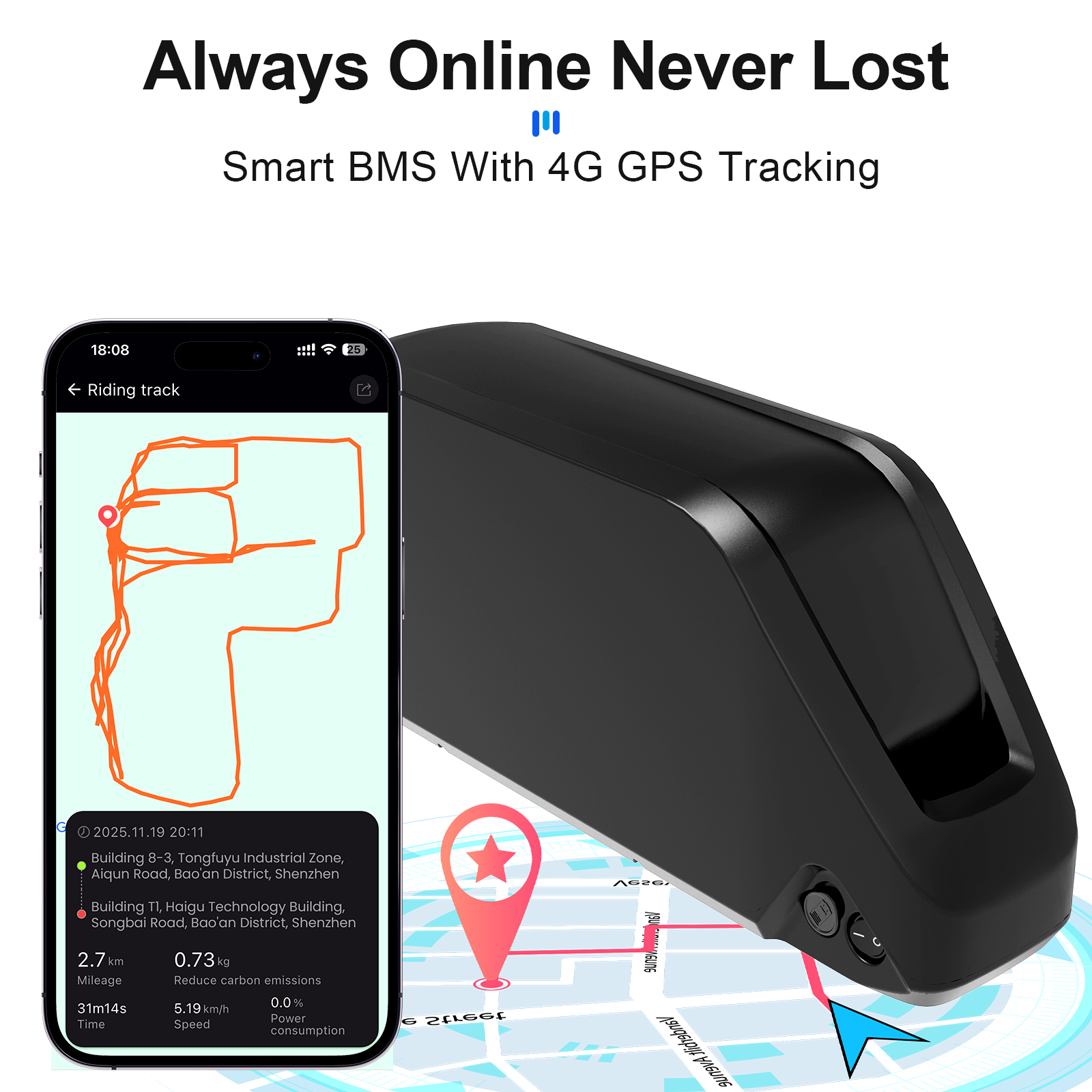 Batterie pour vélo électrique avec suivi GPS R049-6 52 V 25 Ah 21700 « Jumbo Shark » au lithium-ion, compatible avec les moteurs Bafang et Tongsheng d