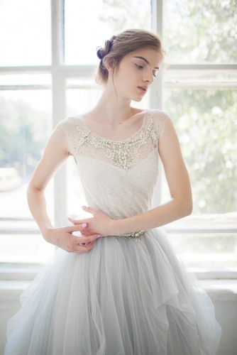 Grey Tulle Lace Beaded Top Skirt Top
