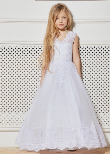 White Full Length Lace Tulle Flower Girl Dress Party Dress Pageant Dress Communion Dress