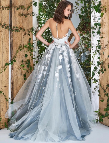 dusty blue tulle wedding dress