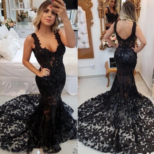 Black Lace Tulle Long Train Mermaid Wedding Dress