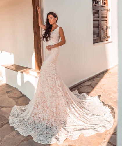 Ivory Lace Tulle Mermaid Wedding Dress Bridal Gown