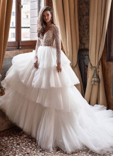 Ivory Beaded Lace Tulle Long Train Wedding Lace Up Wedding Dress
