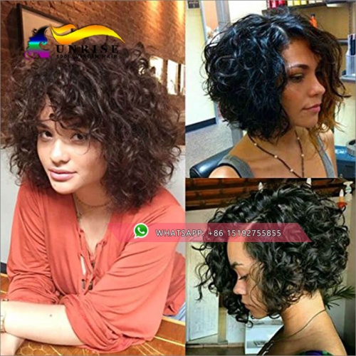 TOP  quality 100% human hair Curly bob wig glueless,free part  kinky straight lace front bob wig