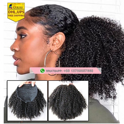 Free shipping  Malaysian Kinky Curly Drawstring Ponytail Human Hair Clip in Hair Extension Natural Black 1 Piece Ponytail for Women