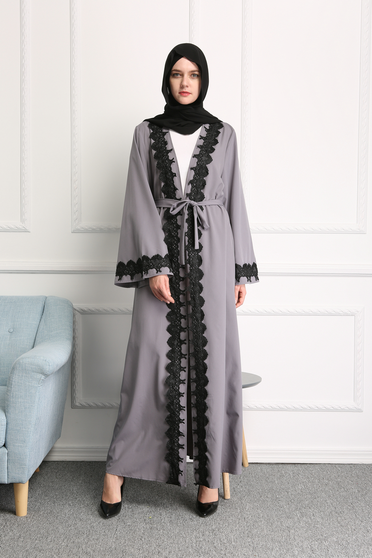 Pretty muslim V-neck lace front open abaya with belt-LR36,ABAYA