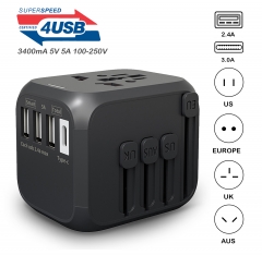 International Travel Adapter with Auto Resetting Fuse Universal Power Adapters 4 USB and Type C Ports Worldwide All in One Plugs Converter with AC Out
