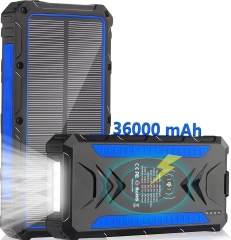 Solar Charger, 36000mAh Solar Power Bank, Qi Wireless Charger, Portable Charger for iPhone, External Battery Pack, Dual Flashlight, Compass, Solar Panel Charging for Outdoor Camping