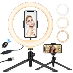 10 inch 3 Modes Brightness 10 Levels Makeup Video Dimmable Table Phone Holder LED Desktop selfie ring light with tripod stand